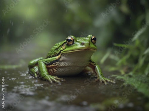 Flying frog pose on leaves blurred nature background. Generated with AI