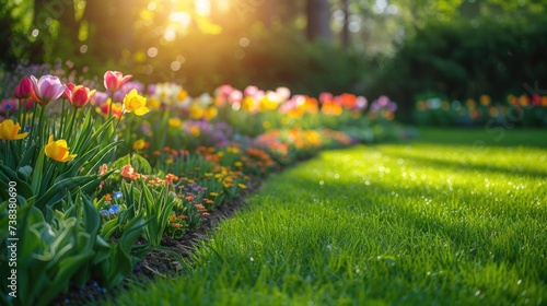 Beautiful well-kept spring garden. The green lawn emphasizes the full bloom of flowers in the mixborder. Diverse floral spectrum of tulips, daffodils, hyacinths. photo
