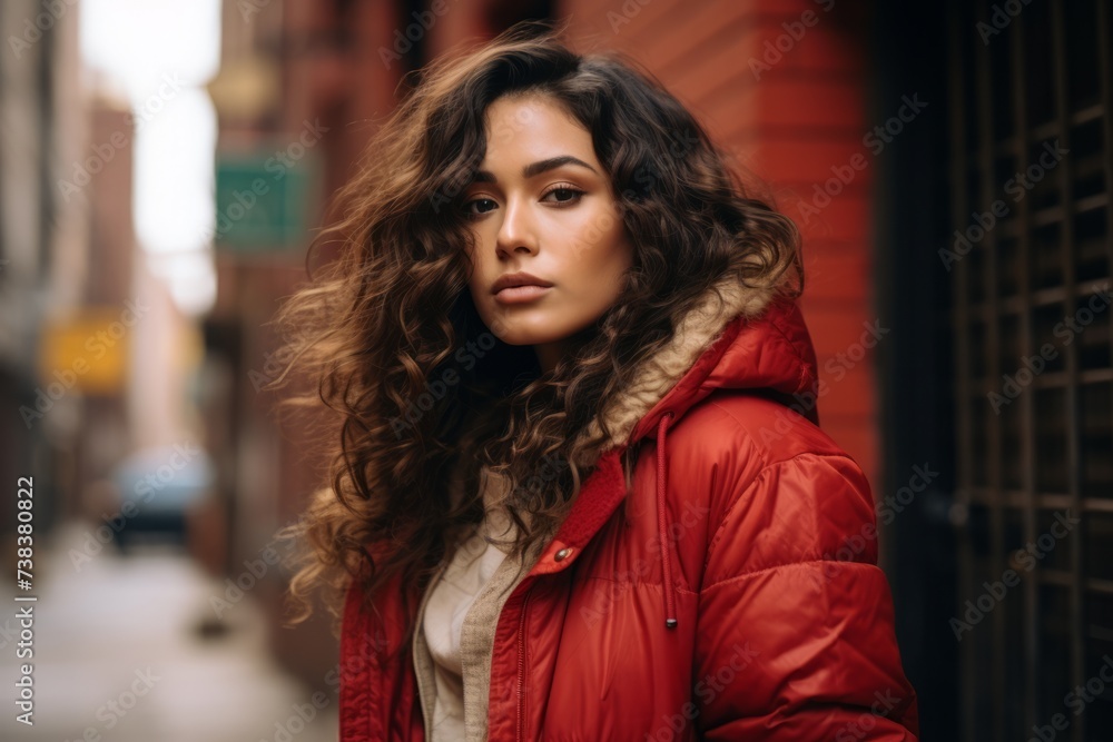 Portrait of a beautiful young woman in a red jacket on the street Portrait of a beautiful young woman in a red jacket on the street