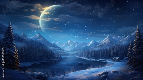 Night view of mountain landscape with moonlight in the beautiful sky. River in snowy winter.