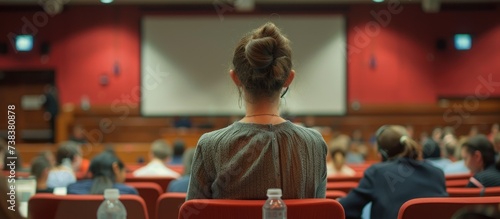 Unidentified participant seen from behind at scientific conference event where a woman is presenting in a university lecture hall.