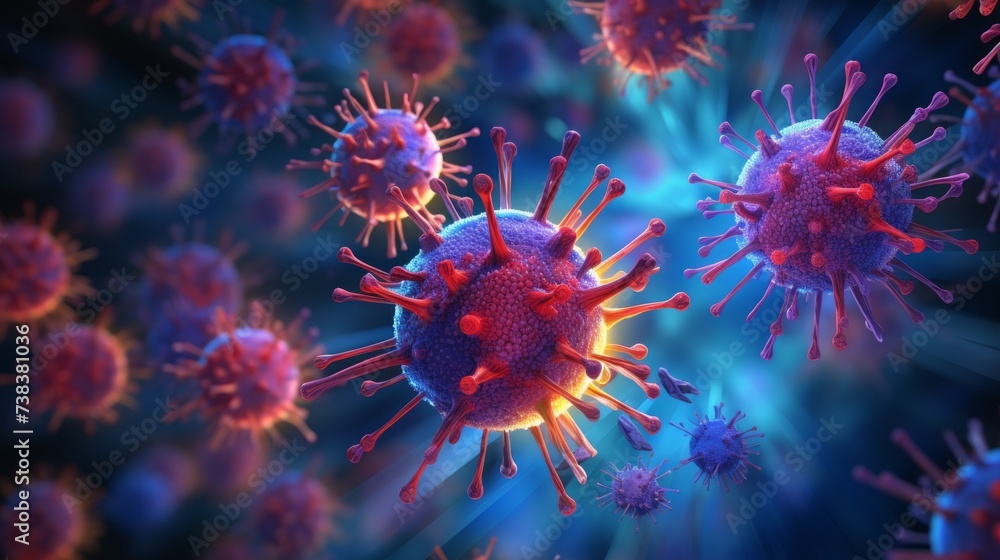 This close-up captures a vibrant immune response, with red and blue elements depicting the fiery clash of pathogens and bodily defenses in vivid detail. This close-up captures a vibrant immune response, with red and blue elements depicting the fiery clash of pathogens and bodily defenses in vivid detail.