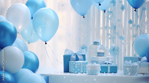 Baby shower - urodzinowe przyjęcie dla matki dziecka. Płeć chłopiec lub dziewczynka. Stół pełen deserów, ciast, tort z balonami i dekoracjami
