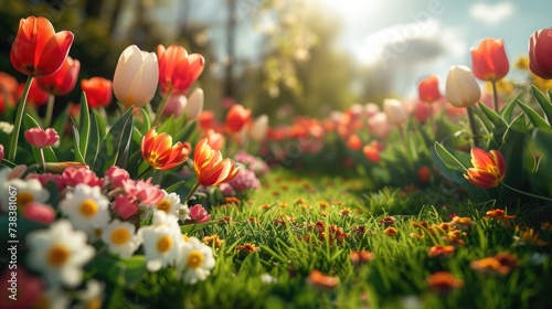 Beautiful well-kept spring garden. The green lawn emphasizes the full bloom of flowers in the mixborder. Diverse floral spectrum of tulips, daffodils, hyacinths. #738381067
