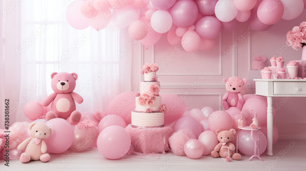 Baby shower - urodzinowe przyjęcie dla matki dziecka. Płeć chłopiec lub dziewczynka. Stół pełen deserów, ciast, tort z balonami i dekoracjami - obrazy, fototapety, plakaty 