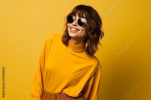 Portrait of a beautiful young woman in sunglasses over yellow background.