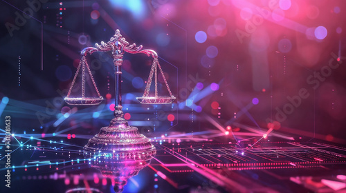 Balanced Scale Symbolizing Justice and Legal System in Futuristic Digital Space with Abstract Graphics and Technology Indications; Calculator or Smartphone Representing the Interface between Justice a photo