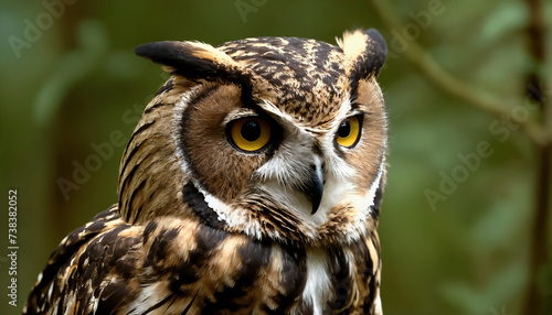 An owl in the thicket of the forest looks with interest 