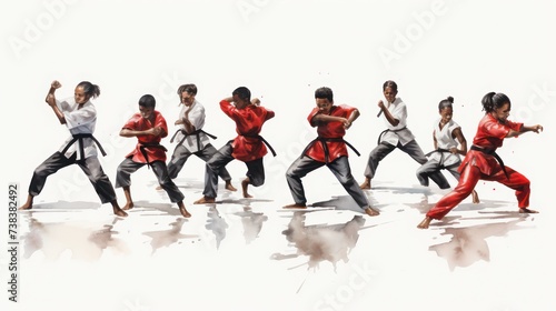 Karate martial arts athletes fighting, watercolor illustration style.   © Muamanah