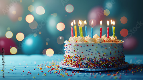 Festive birthday cake with colorful sprinkles and twenty one birthday candles on a blue background.