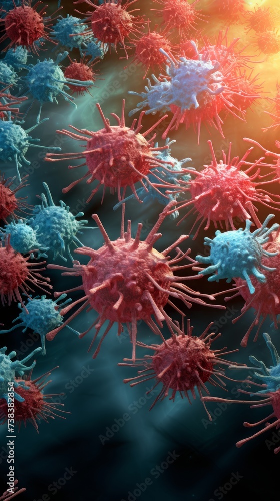 A 3D rendering captures red and blue germs in an immune battle on a black background, illustrating the unseen, vibrant clash within the body's defenses. A 3D rendering captures red and blue germs in an immune battle on a black background, illustrating the unseen, vibrant clash within the body's defenses.
