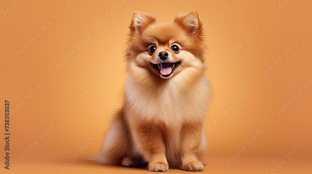 Pomeranian dog on a one color background, copy space, realistic - generative ai