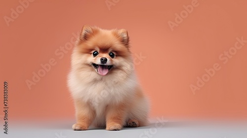 Pomeranian dog on a one color background, copy space, realistic - generative ai