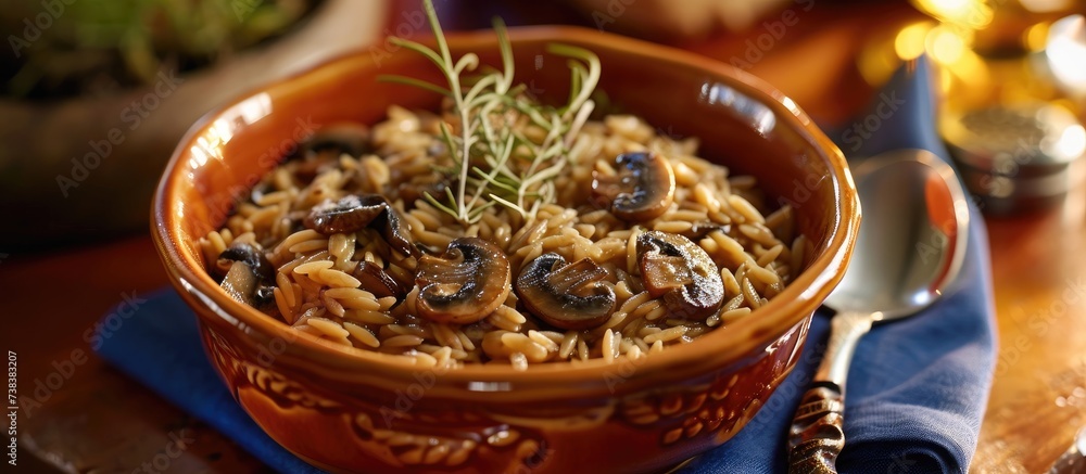 rich and creamy bowl of orzo pasta, adorned with seared baby bella mushrooms in an orange ceramic dish