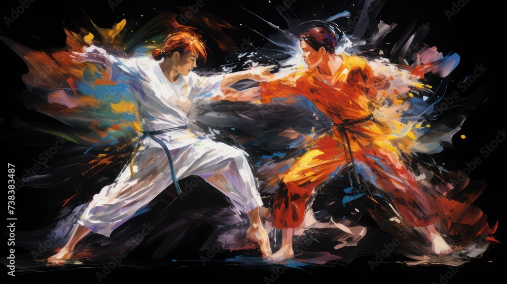 Karate martial arts athletes fighting, watercolor illustration style.	
