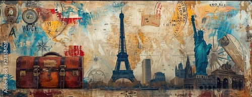 Vintage Travel Collage: Suitcases, World Maps, and Famous Landmarks Adorned with Passport Stamps and Ticket Stubs photo