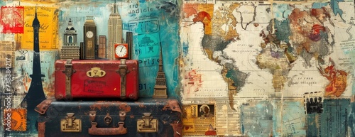 Adventure Awaits Collage: Travel Essentials with Vintage Flair, Featuring Suitcases, Maps, and Landmarks photo
