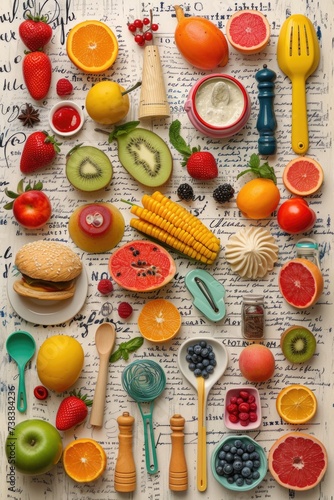 Gourmet Adventure Collage: Playful Arrangement of Fruits, Pastries, and Utensils on Recipe Notes