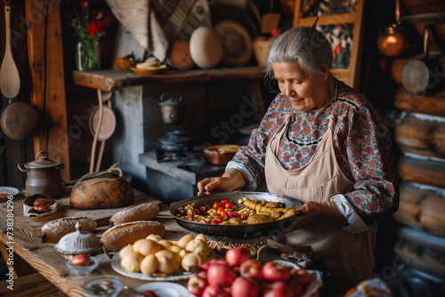 Elderly woman in traditional attire preparing food in a rustic kitchen. Photorealistic composition with copy space