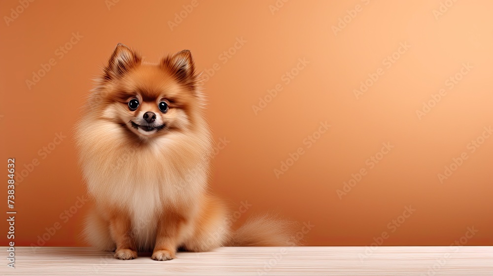 Pomeranian dog on a one color background, copy space, realistic - generative ai Pomeranian dog on a one color background, copy space, realistic - generative ai