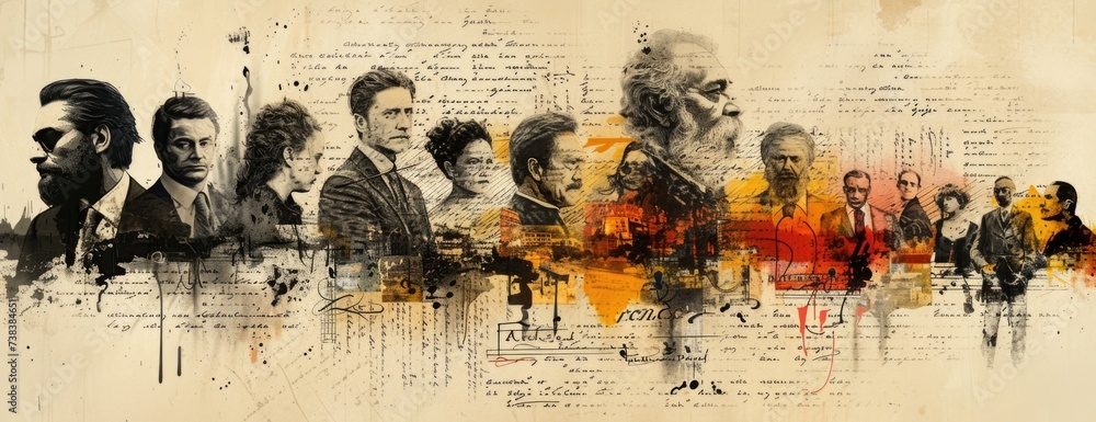 Ink and Imagination Collage: Writers and Poets Portraits Blended with Vintage Writing Tools - obrazy, fototapety, plakaty 
