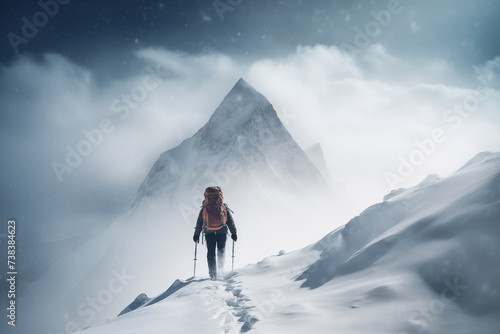 Lone Mountaineer Alpinist Approaching Snowy Peak © Dmitry Rukhlenko