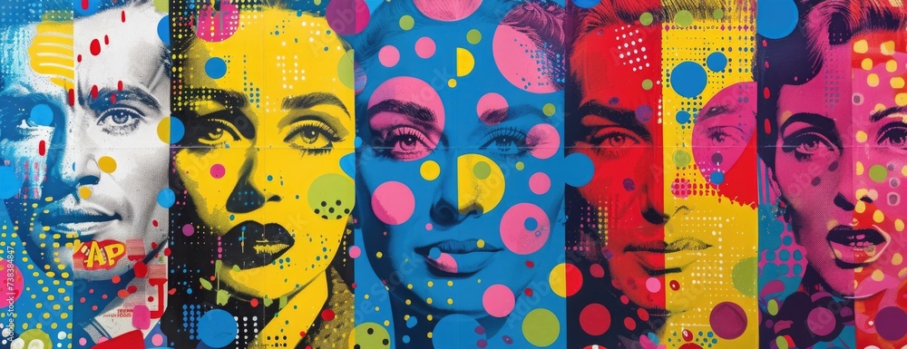 Saturated Pop Icons Collage: Bright Portraits, Comic Exclamations, and Polka Dots in Primary Colors