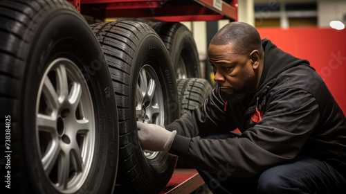 An automotive mechanic is changing a tire at a repair shop.