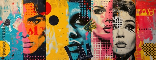 Vibrant Pop Culture Collage: Iconic Figures, Comic Exclamations, and Polka Dots in Saturated Colors