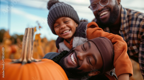 Autumn Joy  A Family Enjoys a Heartwarming Moment Together at a Pumpkin Patch