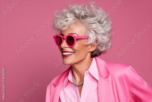 Portrait of beautiful senior woman wearing pink sunglasses over pink background. © Igor