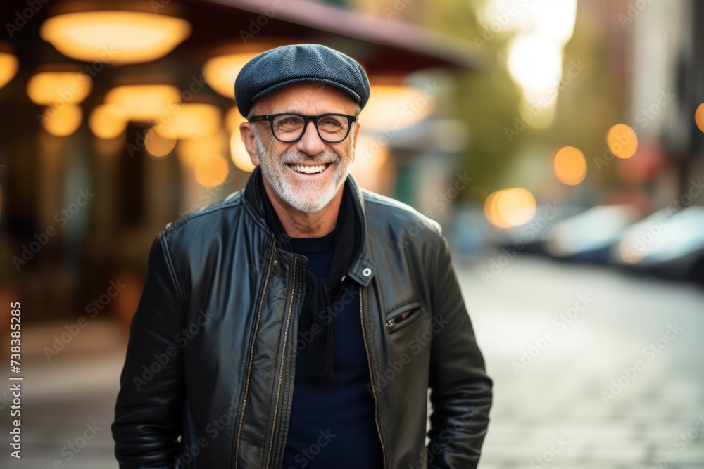 Portrait of a senior man in a leather jacket and cap on a city street. Portrait of a senior man in a leather jacket and cap on a city street.