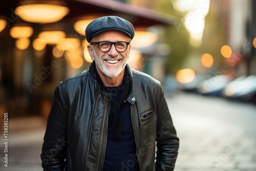 Portrait of a senior man in a leather jacket and cap on a city street. © Igor