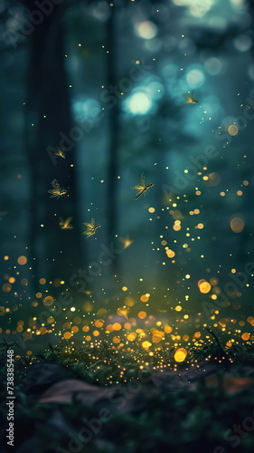 Enchanted Forest Scene with Fireflies at Night