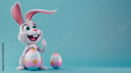 A cute animate Disney style Easter rabbit posing with his arms on a pastel background with Copy space, a single isolate Easter egg beside the rabbit photo