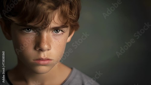 A teenage Caucasian boy his face displaying confusion and anger as he grapples with his own privilege and the discrimination faced by others, Close Up of a Young Boy With Freckles on His Face photo