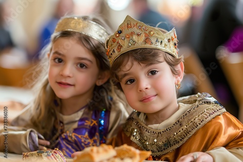 Two young girls, wearing crowns, sit at a table. They appear happy and engaged in conversation or play while enjoying their time together.