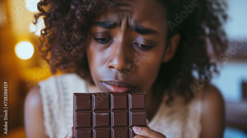A woman holding a chocolate bar with a sad expression. Concept of resisting  stress and illness