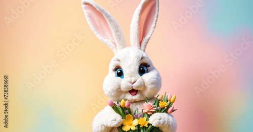 Greeting holiday Easter card with cute anthropomorphic rabbit, bunny holding a 'happy easter' sign. Abstract background image, spring concept, pastel colors. Copy space, no people illustration.