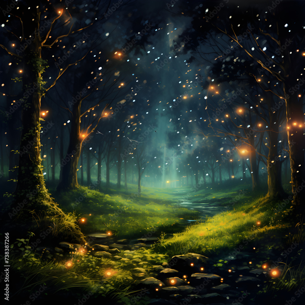 Enchanting Luminescence: A Spectacle of Fireflies Illuminating the Evening Landscape