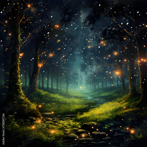 Enchanting Luminescence: A Spectacle of Fireflies Illuminating the Evening Landscape