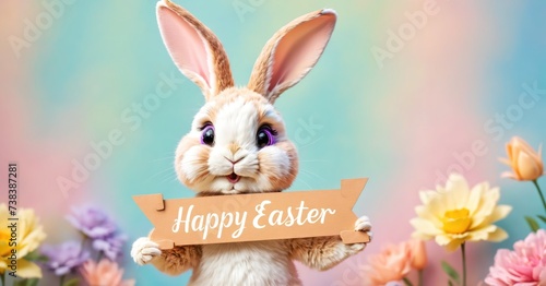 Greeting holiday Easter card with cute anthropomorphic rabbit, bunny holding a 'happy easter' sign. Abstract background image, spring concept, pastel colors. Copy space, no people illustration. © KirillPutchenko
