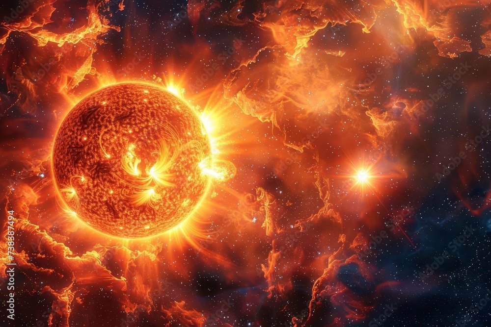 Fototapeta premium Captivating image of the sun amidst the vastness of space Showcasing the fiery beauty and power of our star in the cosmic expanse