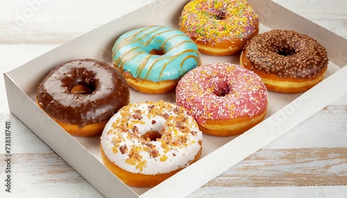 Six assorted glazed sweet donuts in a paper box on a table 