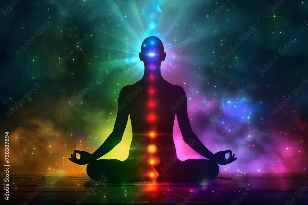 Cosmic meditation background with vibrant chakras Prana flow And the concept of spirituality and the mind of god Cosmic meditation background with vibrant chakras Prana flow And the concept of spirituality and the mind of god