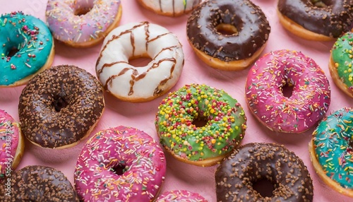 Top view of many colorful donuts on pink background
