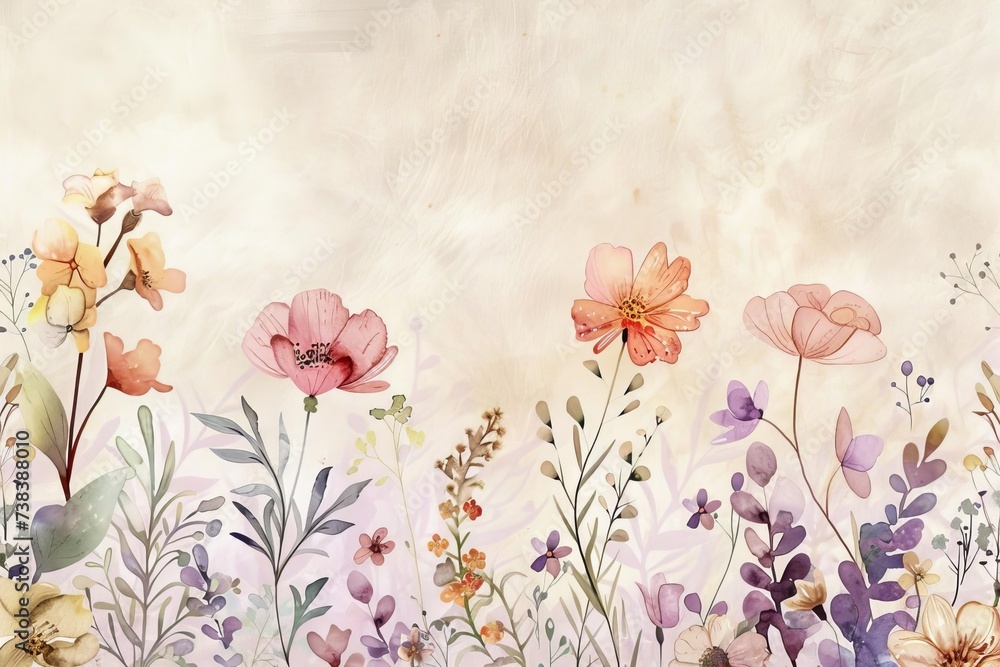 Delicate watercolor illustration of a variety of flowers Showcasing intricate details and soft colors.