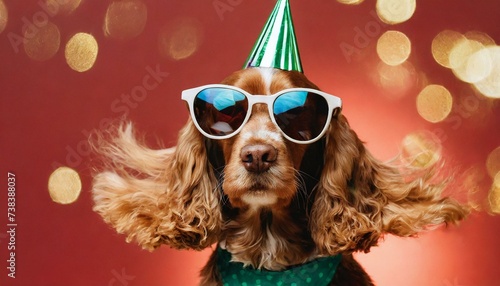 Party time for birthday. English cocker spaniel young dog is posing. Cute playful brown doggy or pet in sunglasses isolated on red background.  © adobedesigner