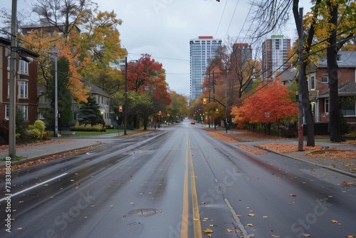 Deserted city road in autumn Capturing the tranquility and changing seasons in an urban setting
