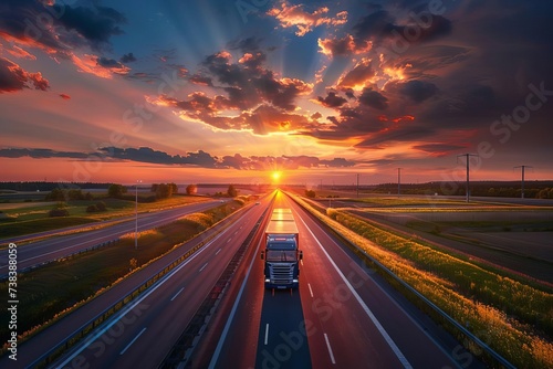Dramatic view of a truck transporting cargo on a highway at sunset Symbolizing efficient logistics and transportation in a global economy.